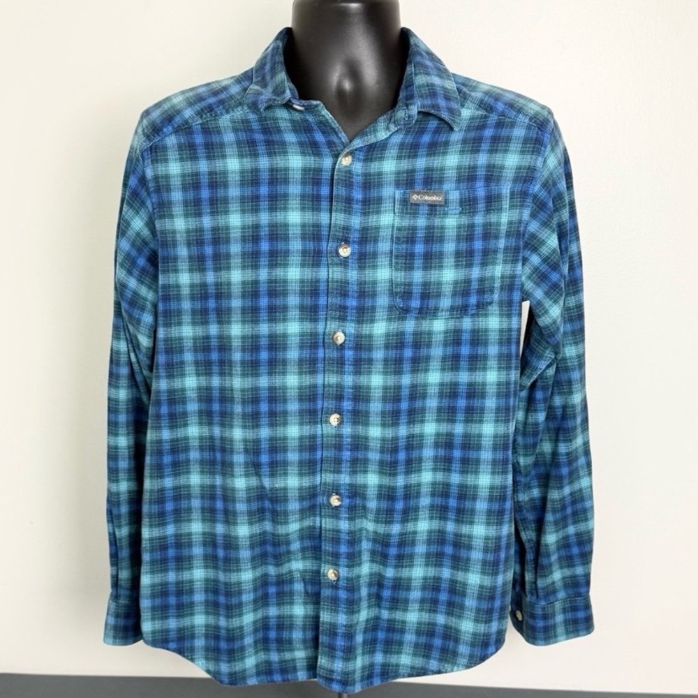 Columbia Men's Green and Blue Checkered Shirt small